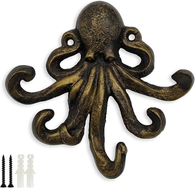 Octopus Cast Iron Wall Hook – Nautical Decorative Key Holder, Coastal Ocean
