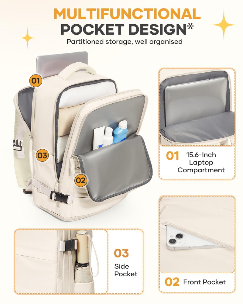 coofay Beige Travel Backpack For Women Men Airline Approved Personal Item Carry On Flight Approved Waterproof Backpack For Traveling On Airplane Weekender Travel Bag