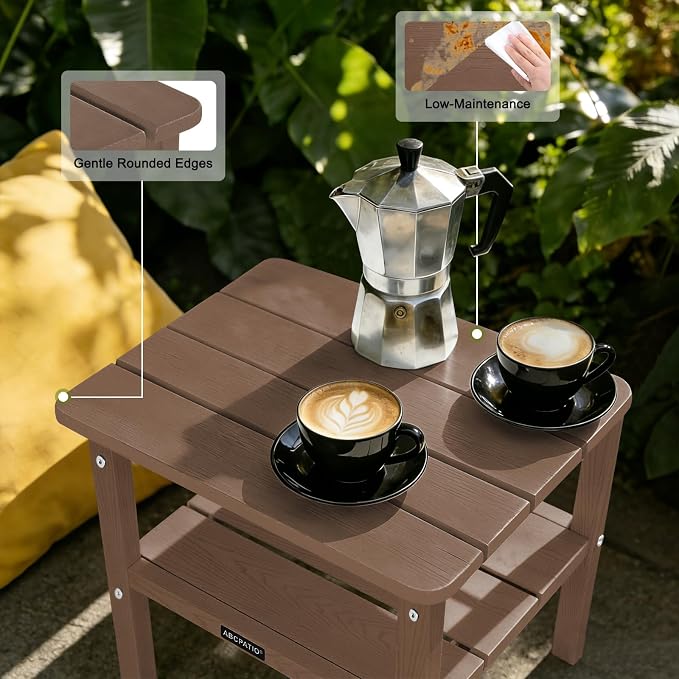 Outdoor Side Table HDPE Small Outdoor End Table Patio Side Tables Square for Backyard Pool Porch Balcony Double Layer Storage, Brown (Wood Grain Finish)