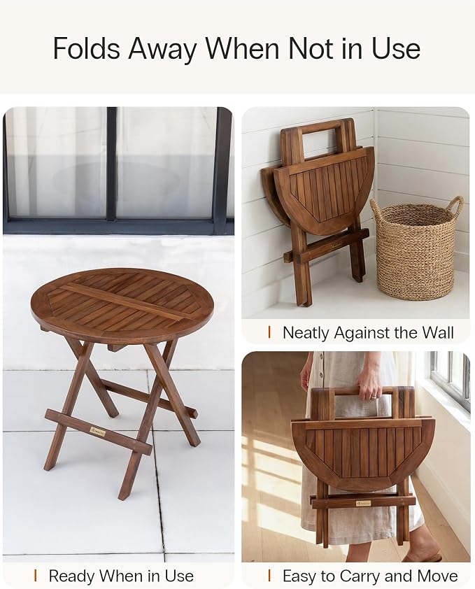 StrongTek Teak Folding Side Table, Solid Teak Wood Outdoor Patio Accent Table, Foldable Round Balcony Table for Small Spaces, 20" Diameter x 20" H, Easy to Store