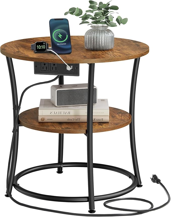 VASAGLE 21.7-Inch Round Side Table, 2-Tier End Table with Power Outlets, Nightstand with Steel Frame, Spacious Top, for Small Spaces, Living Room, Bedroom, Rustic Brown and Ink Black ULET077K01