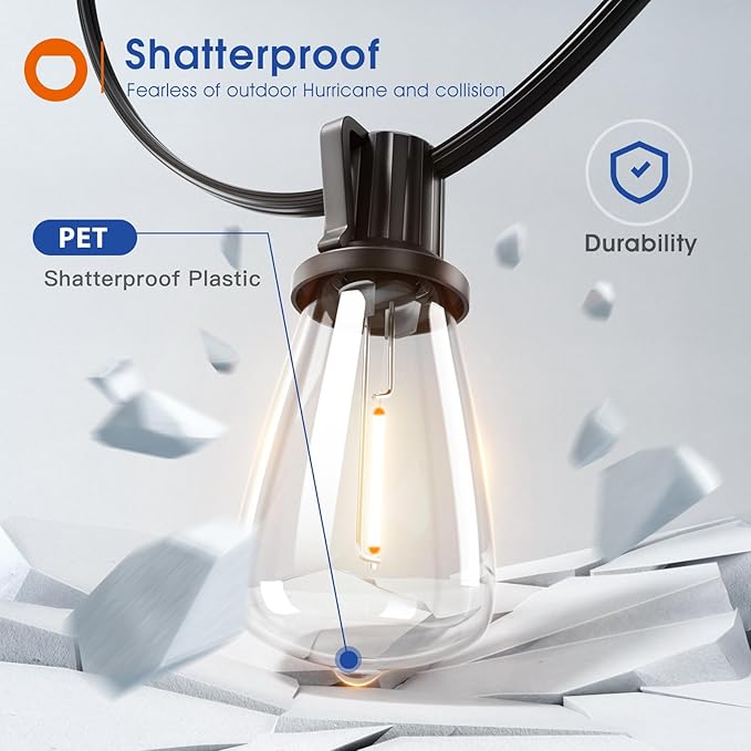 addlon 50FT LED Outdoor String Lights Waterproof Patio Lights with 27 Shatterproof ST38 Replaceable Bulbs(2 Spare), Dimmable Outside Hanging Light Connectable for Porch, Backyard, 2200K Warm Yellow