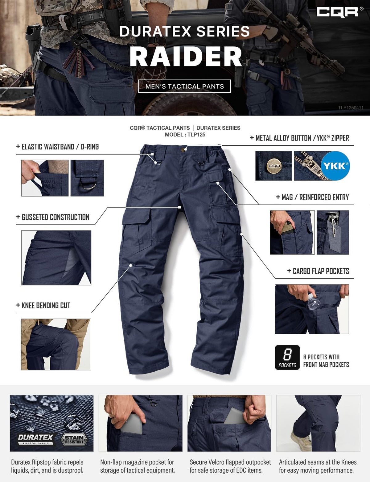 CQR Men's Tactical Pants, Water Resistant Ripstop Cargo Pants, Lightweight EDC Work Hiking Pants, Outdoor Apparel, Duratex Mag Pocket Police Navy, 36W x 30L