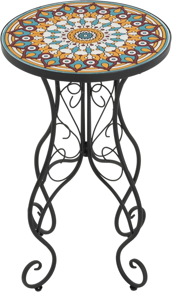 Merax Patio Side Table for Small Space, 22.45" Height Metal Outdoor Indoor Round Side Table, French Country Style, Floral Design Small End Table for Yard Porch Balcony Garden, Brown+Black