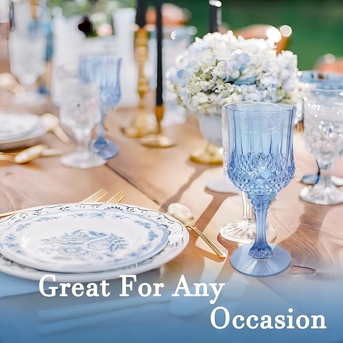 Blue Plastic Wine Glasses，Plastic Goblets for Parties，Drinking Glasses for Wedding Reception, Grand Event Party Supplies (48, Blue)