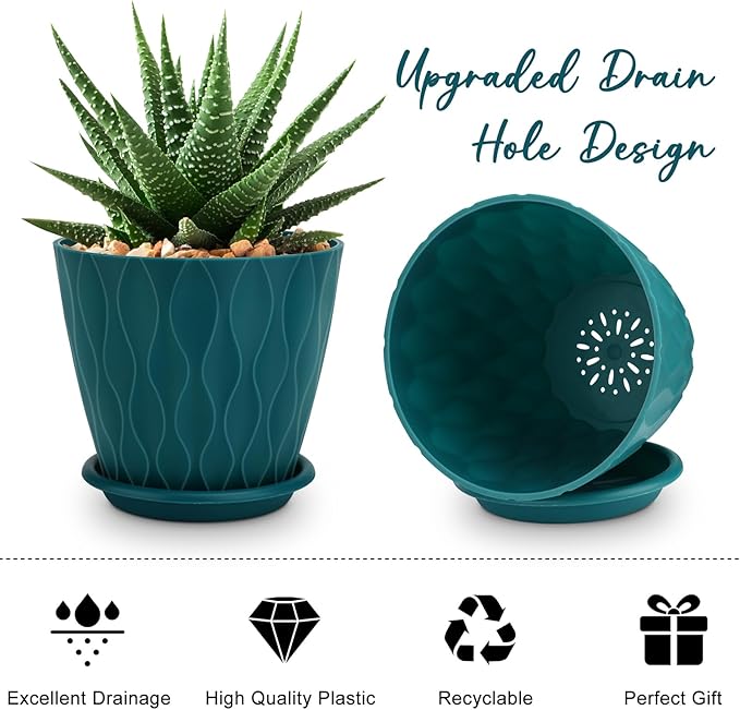 YNNICO 6 inch Plant Pots, 5 Pack Flower Pots Outdoor Indoor, Planters with Drainage Hole and Tray Saucer(Blue