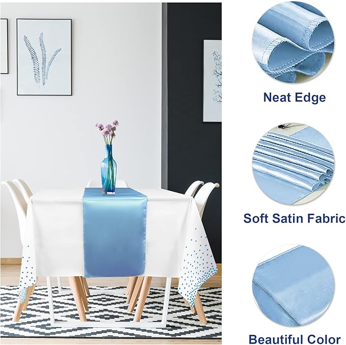 12Pack Disposable Plastic Tablecloths and Satin Table Runner Set White and Light Blue Dot Tablecloth Light Blue Satin Table Runner for Wedding Birthday Baby Shower Engagement Christmas Party Supplies