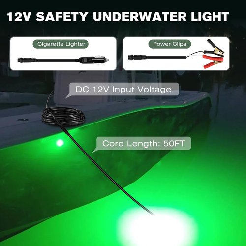 Goldlife 12V Underwater Fishing Light with 50ft Cable, 400W 40000LM Foldable Brightness Green LED Submersible Light Attractants for Docks/Boats/Kayaks, IP69K Rated for Fresh & Salt Water