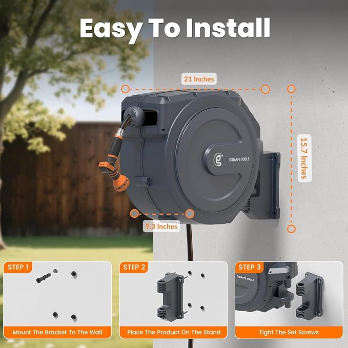 Giraffe Tools AW30 Wall Mounted 1/2" x 100 ft Garden Hose Reel, Retractable Water Hose Reel, Automatic Rewind & Lock at Any Length