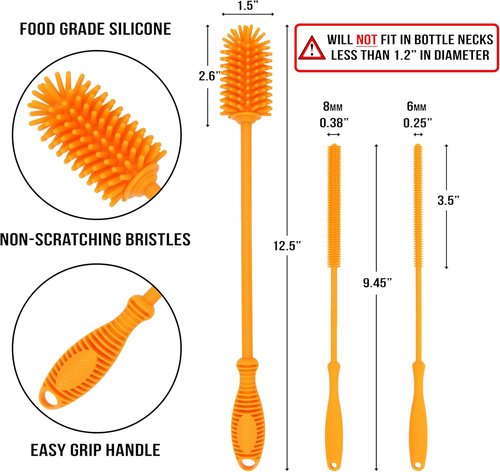 Kitchiny Silicone Bottle Brush Set - 12.5" Cleaner for Hydro Flasks, Tumblers & Narrow Neck Containers