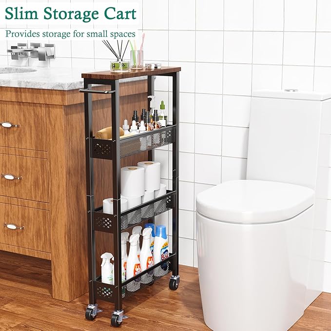 Slim Storage Cart 4 Tier Narrow Kitchen Rolling Cart on Wheels for Small Space, Mobile Utility Cart Shelving Unit with Wooden Top and Metal Handle for Kitchen, Bathroom, Laundry Room