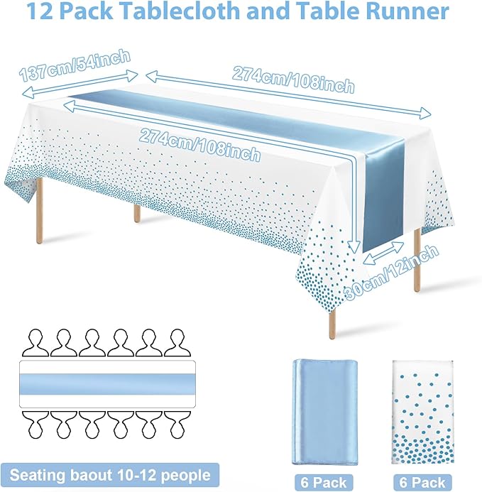 12Pack Disposable Plastic Tablecloths and Satin Table Runner Set White and Light Blue Dot Tablecloth Light Blue Satin Table Runner for Wedding Birthday Baby Shower Engagement Christmas Party Supplies
