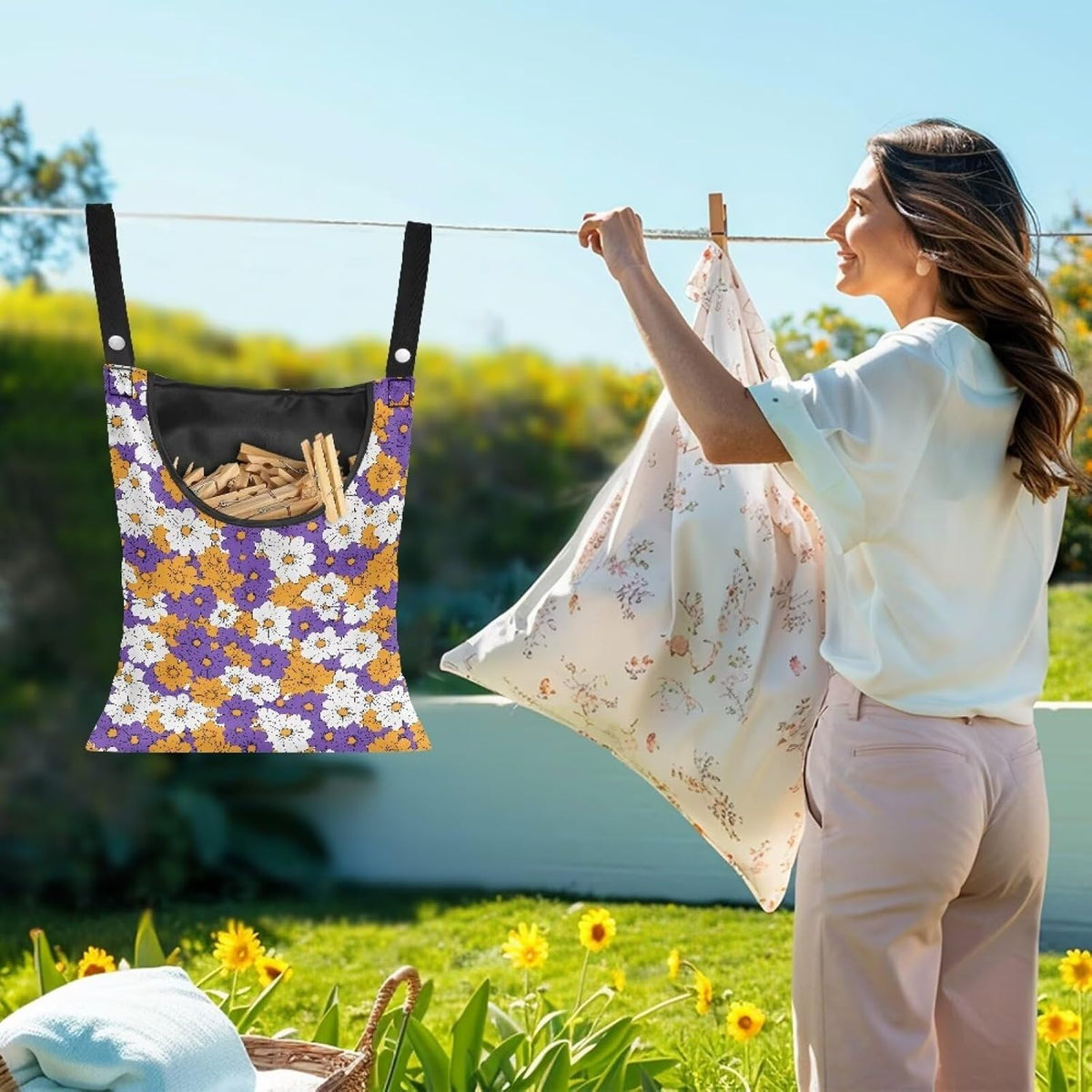 2 Pcs Clothes Pin Hanging Bag, Hippie Flower Multi-Functional Clothespin Bag for Clothes Pin Hanging Bag and Pin Bag Fits Outdoor Laundry Clothesline
