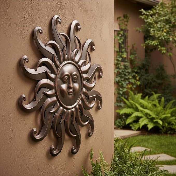 Comfy Hour 25" Bronze Metal Sun Face Wall Art, Antique Vintage Celestial Figurine Style Home Decor, Large Outdoor Garden Sculpture, Patio 3D Decor, Farmhouse Rustic,