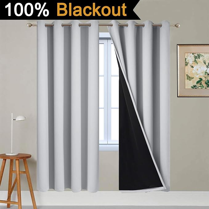Yakamok Full Blackout Curtains 72 Inches Long, 2 Thick Layers Grommet Top