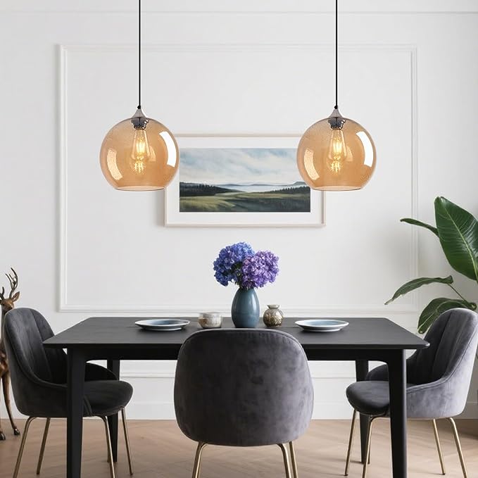 Amber Glass Pendant Lights Kitchen Island Globe Pendant Light Fixtures Modern Pendant Lighting for Bedroom Living Dining Room Light Fixture (9.84 in, 3 Pack)