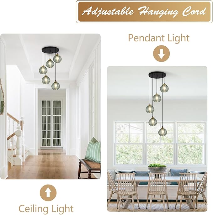 KCO Lighting 5 Light Cluster Pendant Lighting Black Globe Cluster Pendant Light Mid Century Modern Stairwell Chandelier Lighting Vintage Green Glass Pendant Light for Kitchen Island, L1170-G