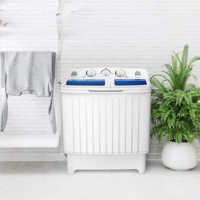 LDAILY Portable Washing Machine, 20lbs Compact Twin Tub Washer and Spinner with Drain Pump and Deep Cleaning, Mini Laundry Washing Spinning Combo for Apartment, RV, Dorm, Camping (White & Blue)