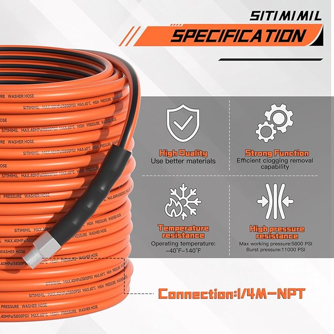 Sewer Jetter Kit for Pressure Washer 50FT,5800psi Drain Cleaner Hose 1/4 Inch Npt Corner, with 5 Sewer Jetting Nozzles Sealing Tape Pearl Corsage Pin Spanner Glove Drain Snake
