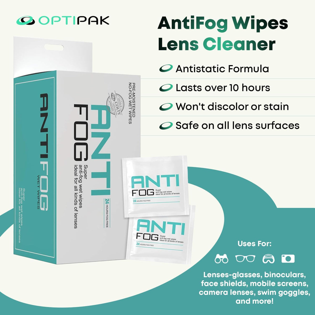 Opti-Pak Anti-Fog Pre-moistened Wipes for Glasses, Binoculars, Face Shields, Ski Masks or Swim Goggles - Prevents Fogging on Glass and Plastic Eyeglasses, Mirrors, Lenses and Windows (30pk 10 Count)