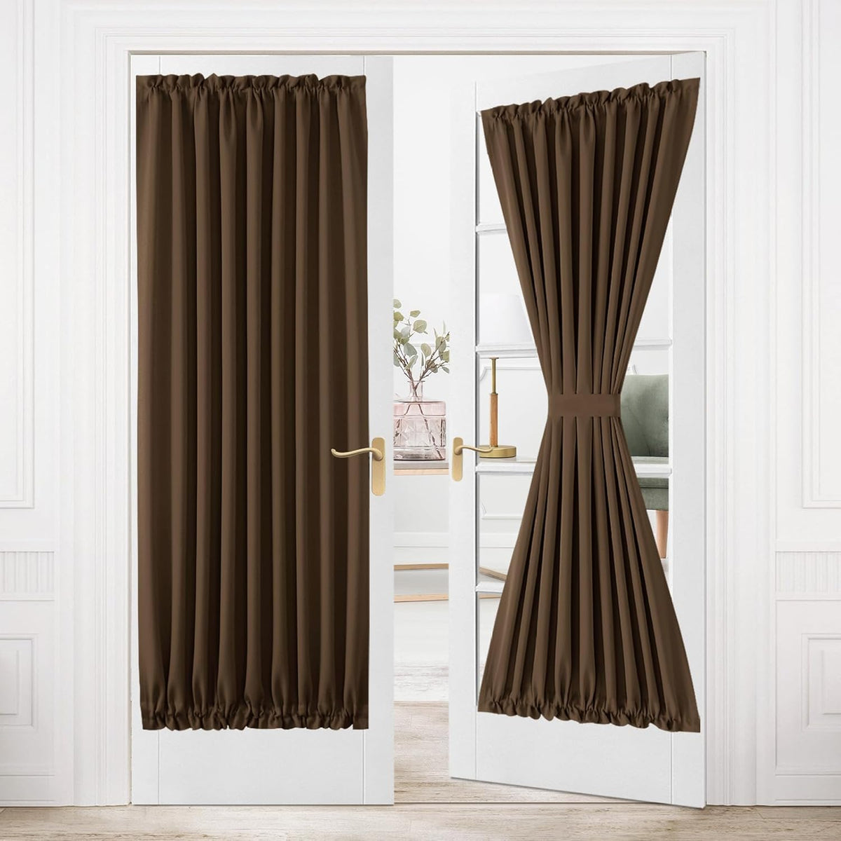 DWCN French Door Curtains – Rod Pocket Thermal Blackout Curtain for Doors with Glass Window, Kitchen and Patio Doors for Privacy, 54 X 80 Inches Long, 1 Curtain Panel with Tieback, Brown