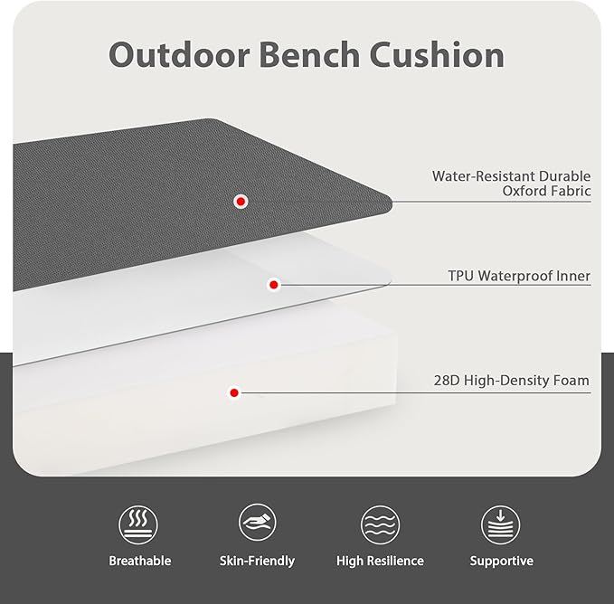 Favoyard Outdoor Bench Cushion 45 x 18 Inch Waterproof Patio Furniture Cushions 3-Year Color Fastness Garden Sofa Settee Couch Swing Pads with Handle and Attach Ties, Dark Gray