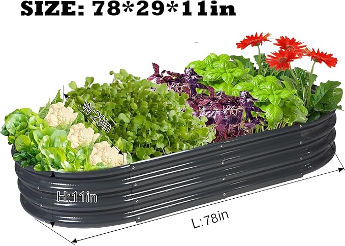 Rakukiri Raised Garden Bed GRS Certified Galvanized Planter Box Outdoor, 6.5ft Oval Rot-Resistant Metal Garden Bed Planter, Recycled Material Planter for Vegetables Flowers Herbs (Grey)