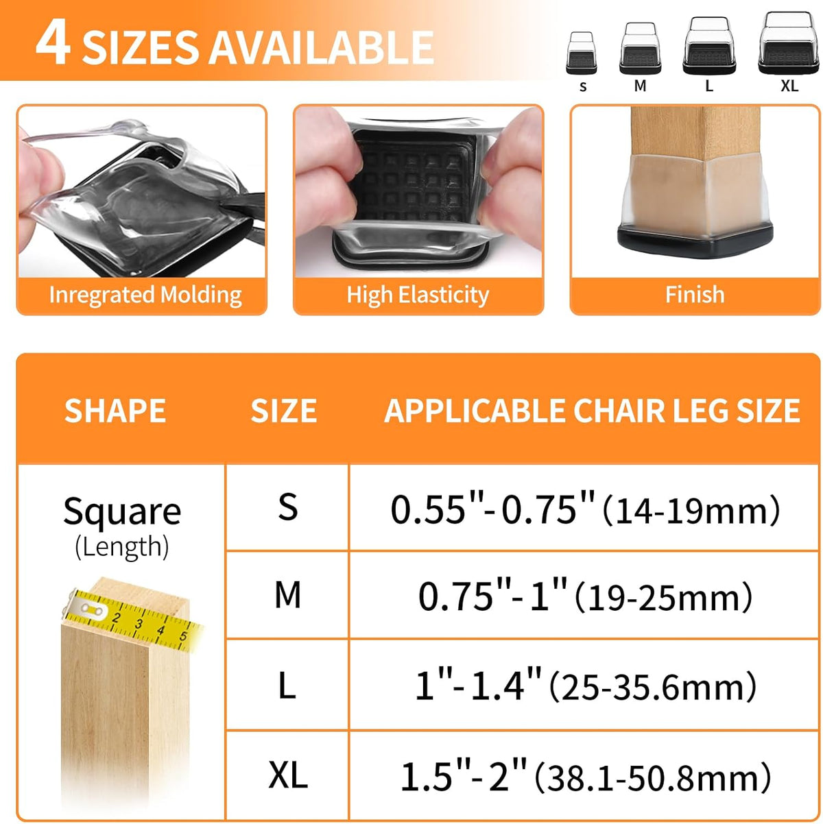 Ezprotekt 24 Pcs Chair Leg Sliders for Carpet, Square Clear Chair Glides Teflon Furniture Pads, Bar Stool Leg Protectors Caps for Rug - for Dining Table, Couch, Patio Legs (M Fit: 0.75" - 1")