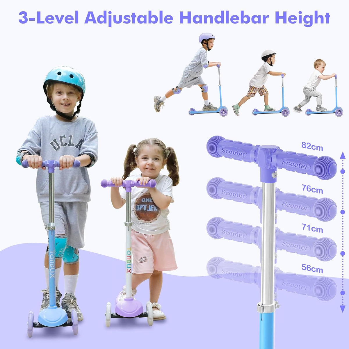 TONBUX Kids Scooter - Light-Up Wheels & Adjustable 4-Level Height | 3-Wheel Lean-to-Steer Design for Ages 3-8