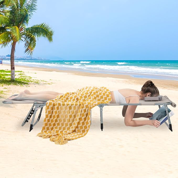 GYMAX Tanning Chair, 330LBS Beach Lounge with Face Arm Hole & Hand Shoulder Strap, Folding Layout Sunbathing Chair, Face Down Outdoor Chaise Lounger for Patio, Poolside, Lawn, Backyard (1, Sand)