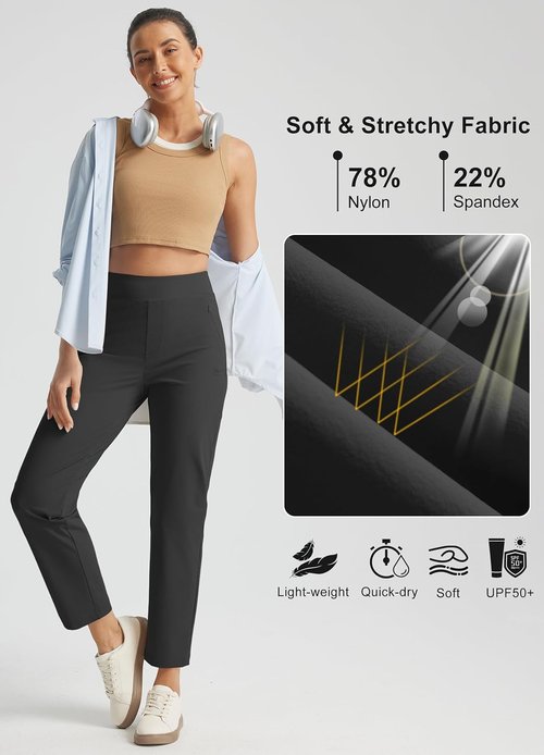 Libin Women's Golf Pants - Stretchy High-Waisted Travel Dress Pant with Zipper Pockets | Lightweight Black, Size 27" L