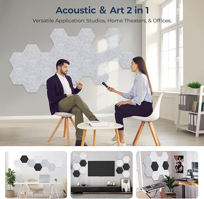 12 Pack Hexagon Acoustic Panels, Self-Adhesive Acoustic Wall Panels