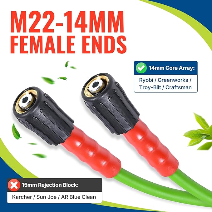 YAMATIC Flexible Pressure Washer Hose 30FT 1/4", 3200 PSI, M22-14mm Female Ends, Kink-Resistant Replacement for Gas/Electric Power Washer Troy-Bilt Ryobi Craftsman