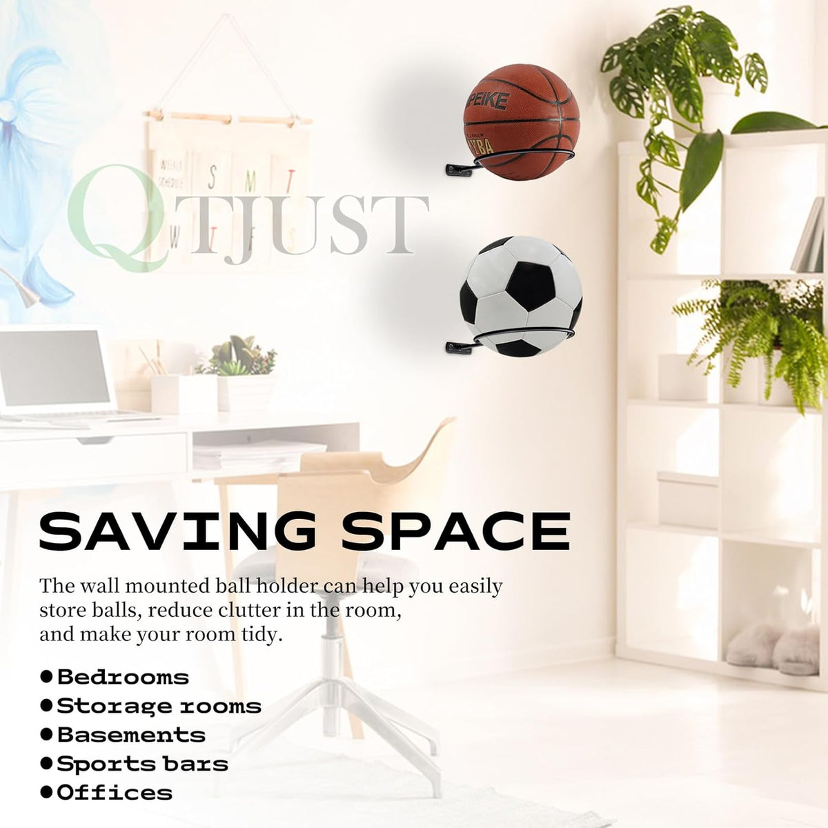 Skiennix Mounted Ball Rack - Universal Metal Holder for Basketball, Football, Volleyball | Space-Saving Design