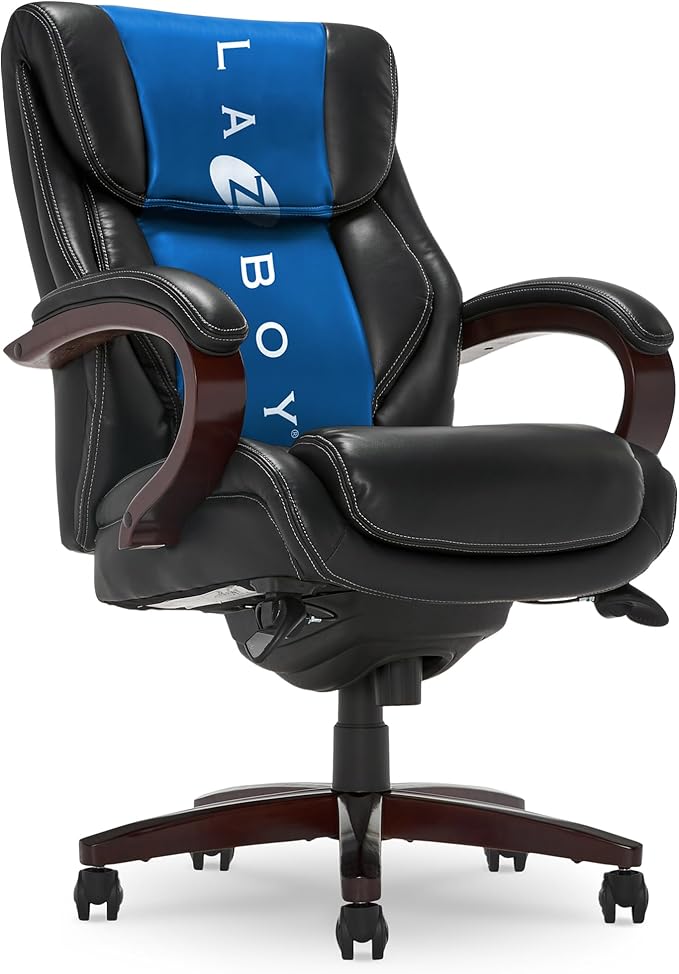 La-Z-Boy® Bellamy Executive Office Chair with Memory Foam Cushions, Real Wood Arms and Swivel Base, Waterfall Seat Edge, Faux Bonded Leather, Black