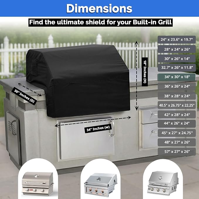 Covers & All Built-in Grill Cover for Outdoor Grill – Heavy Duty 12 oz Waterproof Built-in BBQ Grill Cover, PVC-Coated Polyester with Elastic Hem for Snug Fit (34 x 30 x 18 inches, Black)