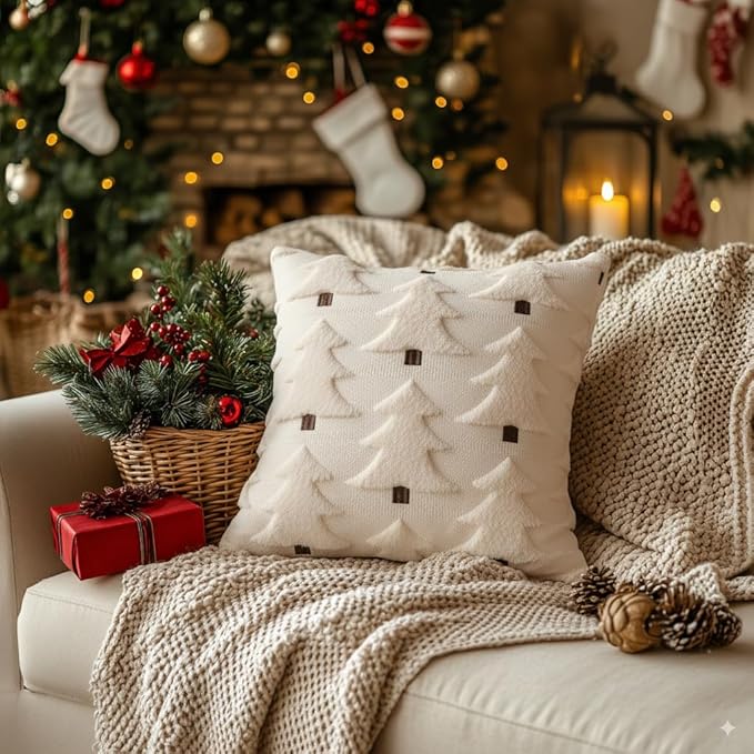 GEEORY Christmas Pillow Covers 24x24 Inch Set of 2, Christmas Decorations Xmas Tree Soft Plush Fluffy Faux Fur Decorative Throw Pillows Farmhouse Winter Cushion Case Beige Brown GC034-24