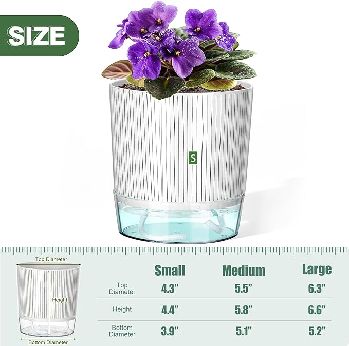Self Watering Pots for Indoor Plants, 4 and 5.3 Inch, Plastic, Black Stripes, Round, Modern, Tabletop