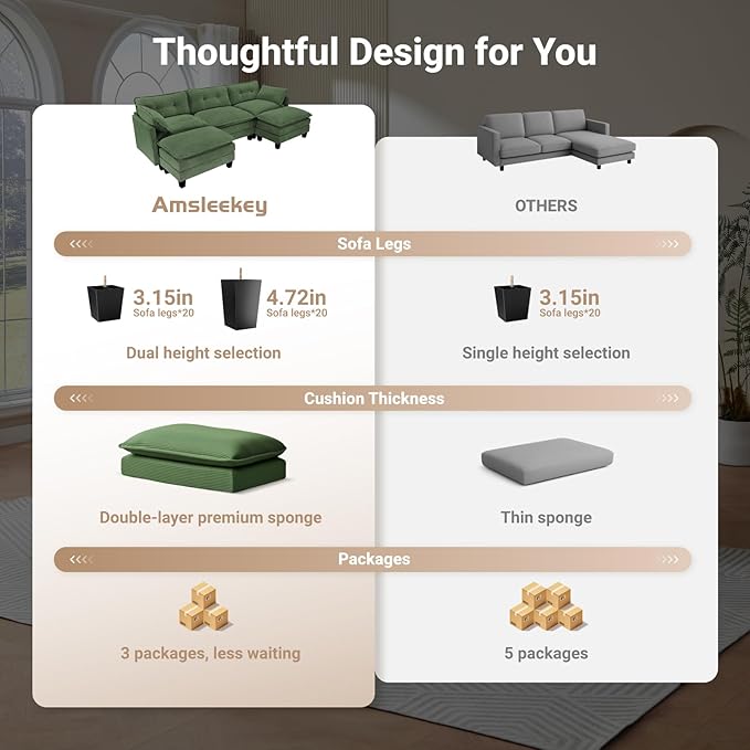 Modular Sectional Sofa, 111.5" U-Shaped Corduroy Comfy Sectional Couches for Living Room, 3-Seater Cloud Couches with 2 Movable Ottomans, Flexible Combination Modern Deep Seat Sofa (Green)