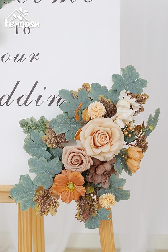 Wedding Welcome Signs Floral(Pack of 2)，Wedding Arch Flowers for Wedding Decorations and Reception Backdrop Decoration(New Coffee)