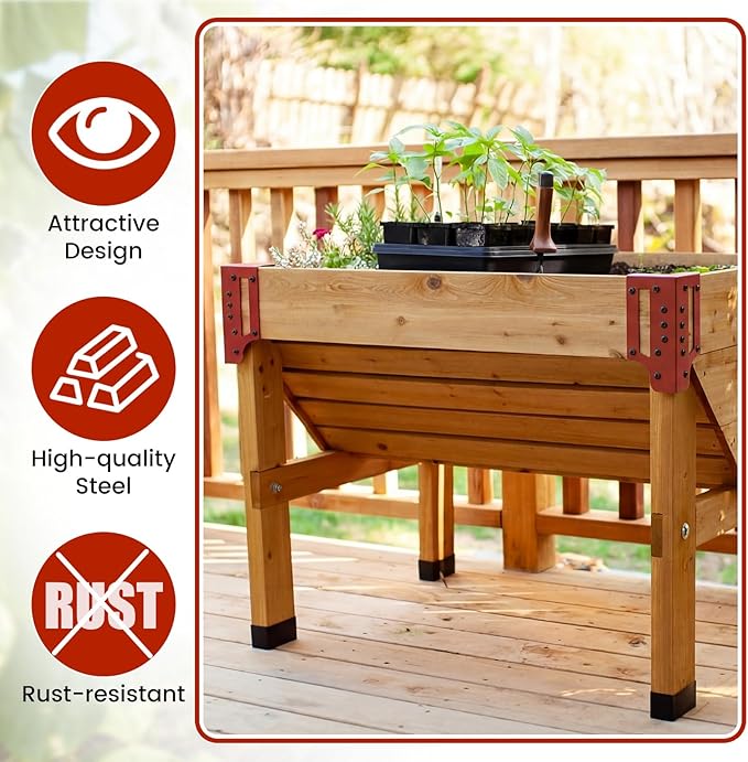 MorningRo 12 Pack Raised Garden Bed Corner Brackets with Securing Lip Fits Lumber up to 2" x 12" Metal Garden Corner Bracket for Wood Frame Bed 4.7" L x 2" W x 10.5" H (Sand Red)