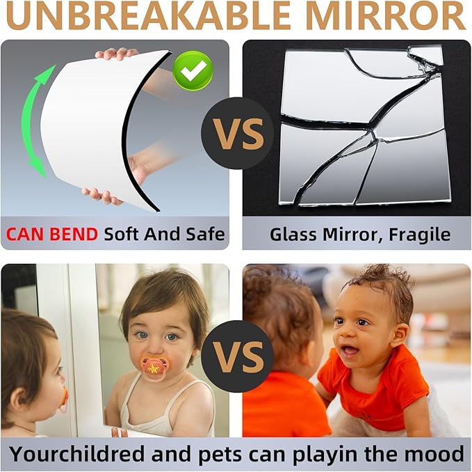 Stick on Small Mirror for Wall Decor Plastic Non Glass Sticky Kids Safety