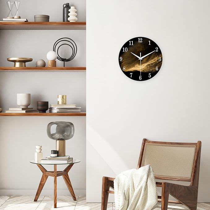 Black and Glod Wall Clocks for Living Room Decor Glass Wall Clock Battery