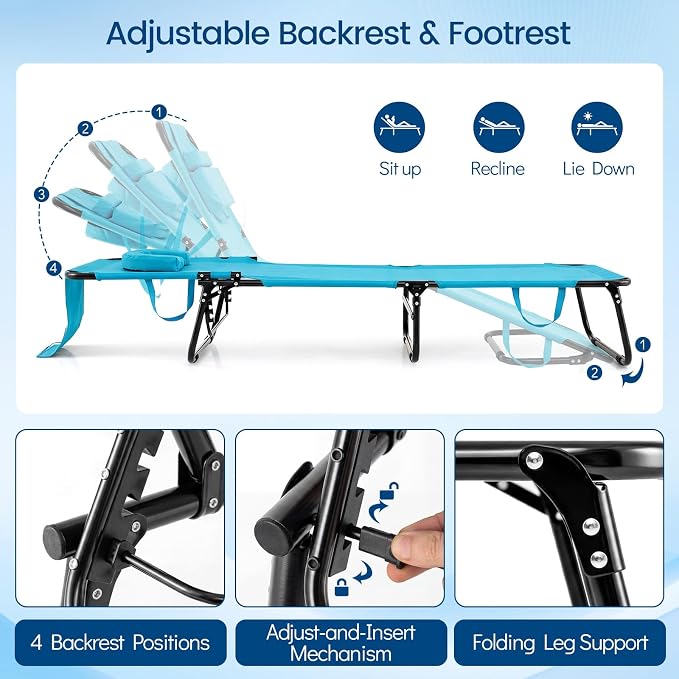 Giantex Folding Beach Tanning Chair - Adjustable Patio Lounge Chair w/Face Hole, Removable Pillows, Carry Strap, Layout Chair, Sunbathing Chaise Lounge Outdoor for Poolside Yard Lawn (2, Turquoise)