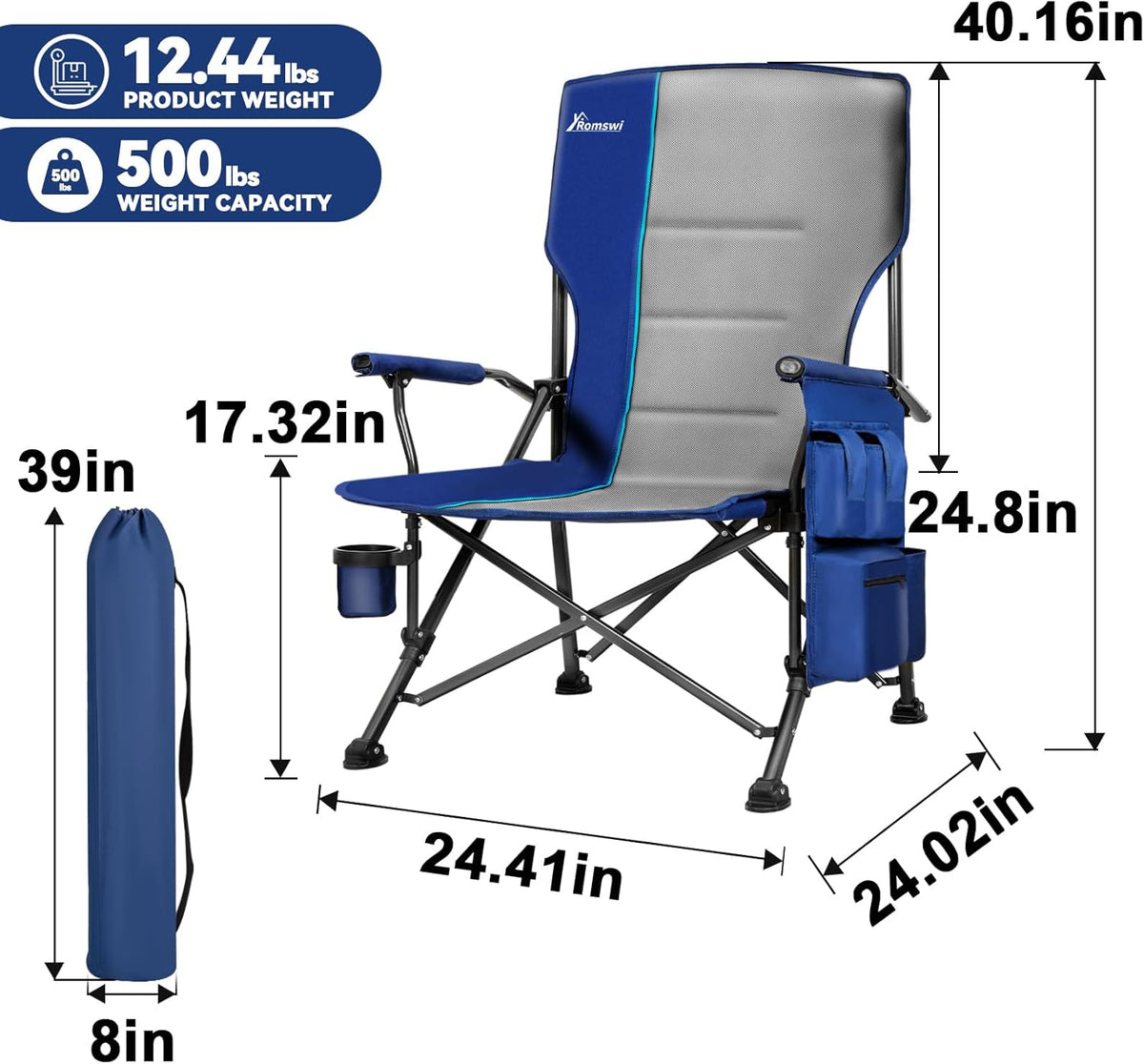 Romswi Heavy Duty Oversized Camping Chairs - 500 LBS Capacity | 2-Pack with Cup Holder & Side Pocket