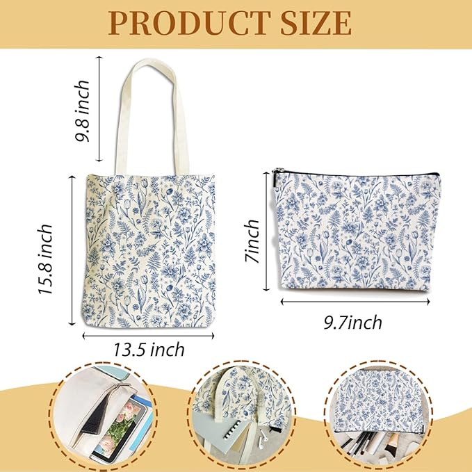 Flower Plant Lover Gifts for Women Canvas Tote Bag with Makeup Bag Cosmetic Bags Grocery Bags for Shopping Christmas