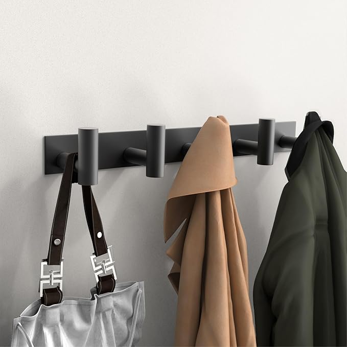 PMMASTO Coat Rack Wall Mounted, 5 "T Shaped Wall Hooks for Hanging, Heavy Duty Stainless Steel Coat Hook Rail for Hat Towel Robes in Bathroom Kitchen Mudroom Entryway (Black, 2 Pack)