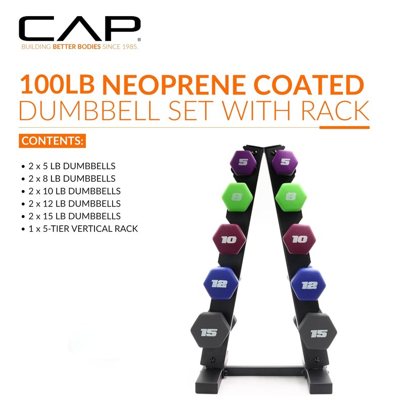 CAP Barbell 100 LB Set of Neoprene Dumbbells with Rack Color Series | 5, 8, 10, 12 and 15 LB pairs
