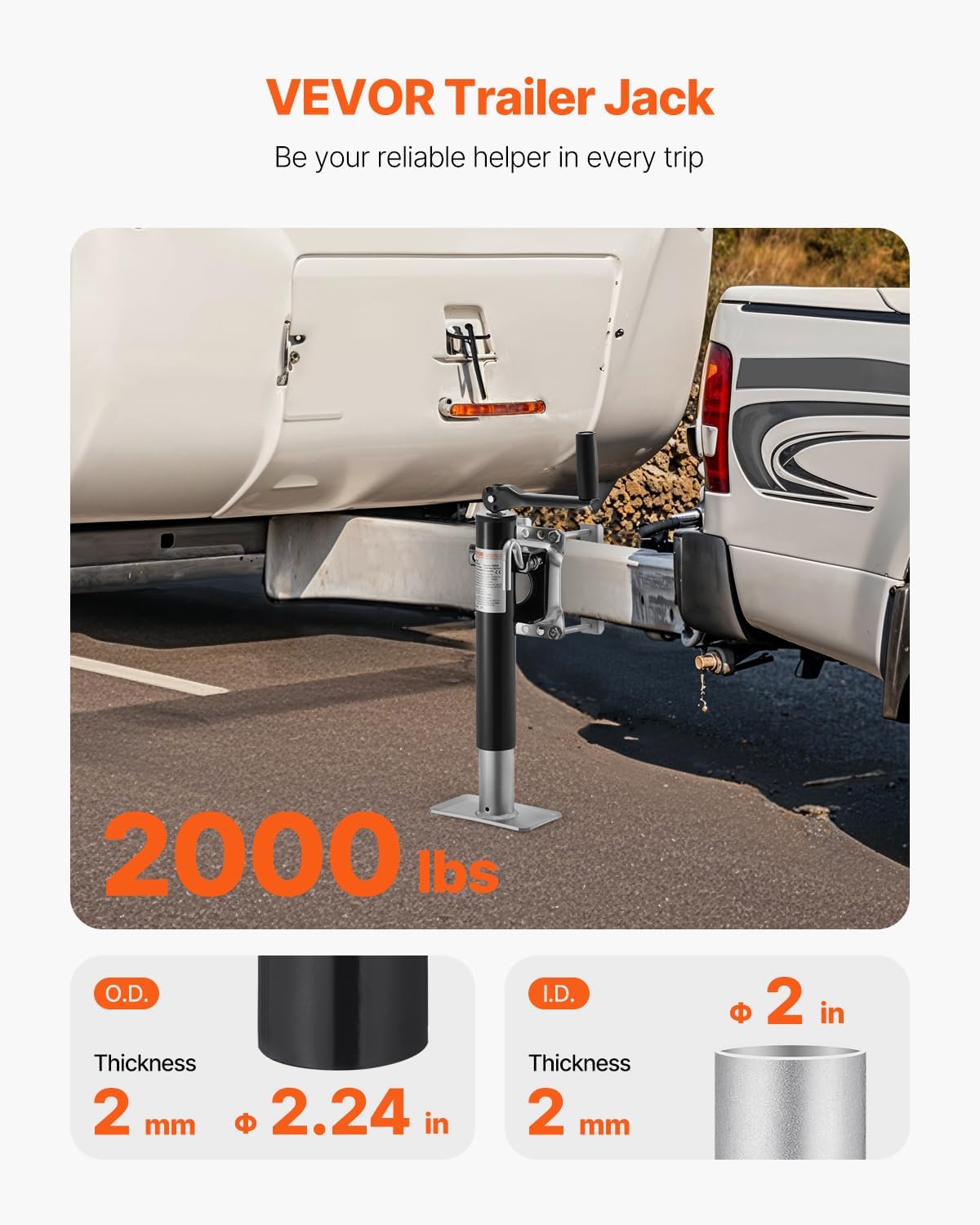 VEVOR Heavy Duty Trailer Jack - 2000 lbs Load Capacity | 10" Swivel Lift for RVs, Horse & Utility Trailers