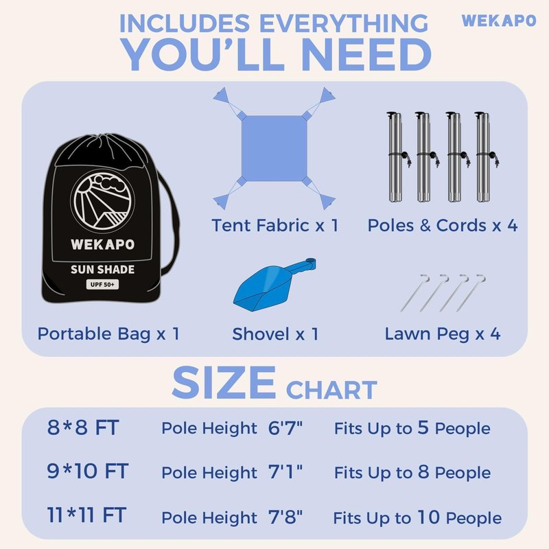 WEKAPO Beach Tent Sun Shelter - Easy Setup Beach Canopy with 4 Sturdy Poles, Large Sandbags and Shovel, 6'7'' Tall, Windproof Sun Shade for Backyard and Camping, UPF 50+ Protection